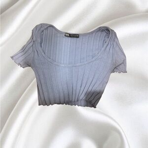 Zara Blue Ribbed Super Cropped Top